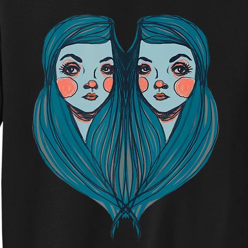 Big Eyes Sad Twin Drawing Retro Mod Blue Hair Kawaii Sweatshirt