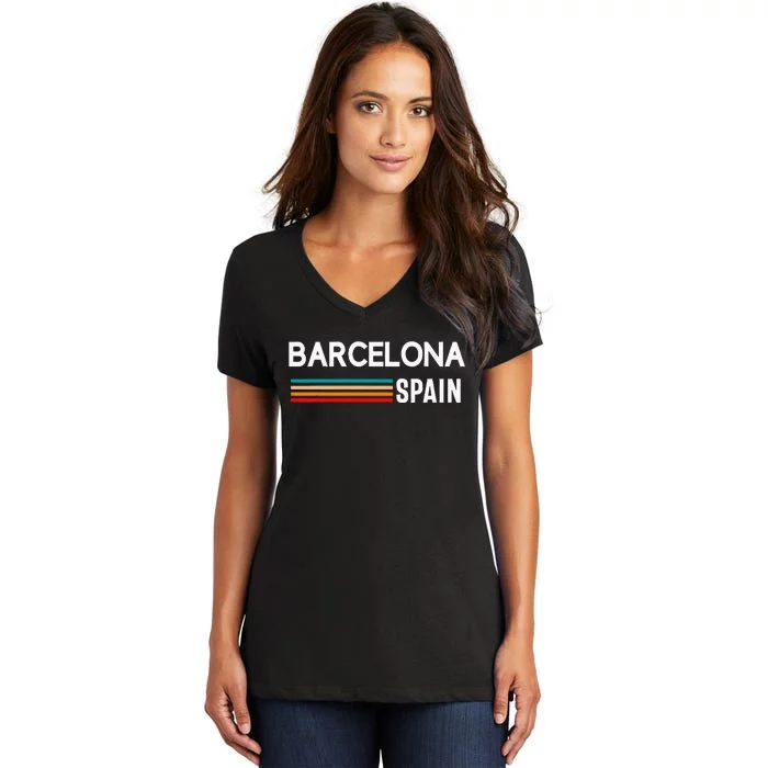 Barcelona Espana Spain Est. Souvenir Flag Map Vacation Women's V-Neck T-Shirt