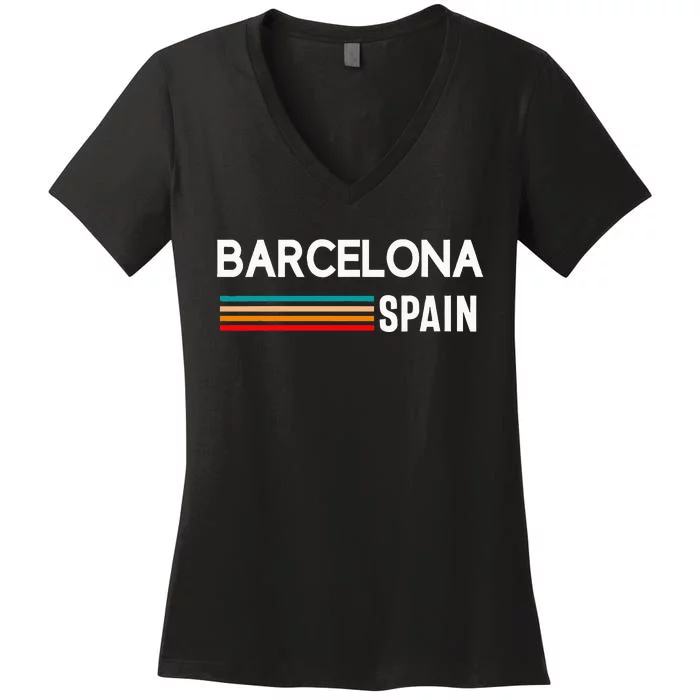 Barcelona Espana Spain Est. Souvenir Flag Map Vacation Women's V-Neck T-Shirt