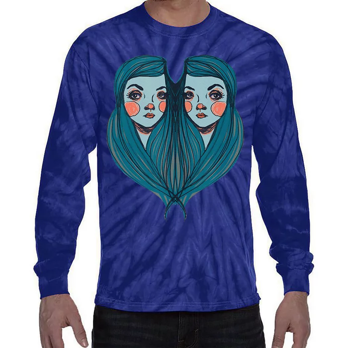 Big Eyes Sad Twin Drawing Retro Mod Blue Hair Kawaii Tie-Dye Long Sleeve Shirt