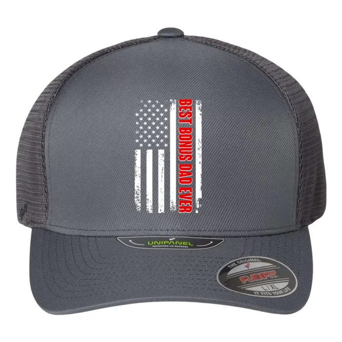 Best Bonus Dad Ever Distressed US Flag Flexfit Unipanel Trucker Cap