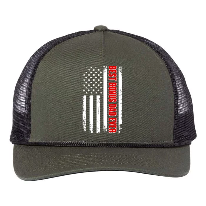 Best Bonus Dad Ever Distressed US Flag Retro Rope Trucker Hat Cap