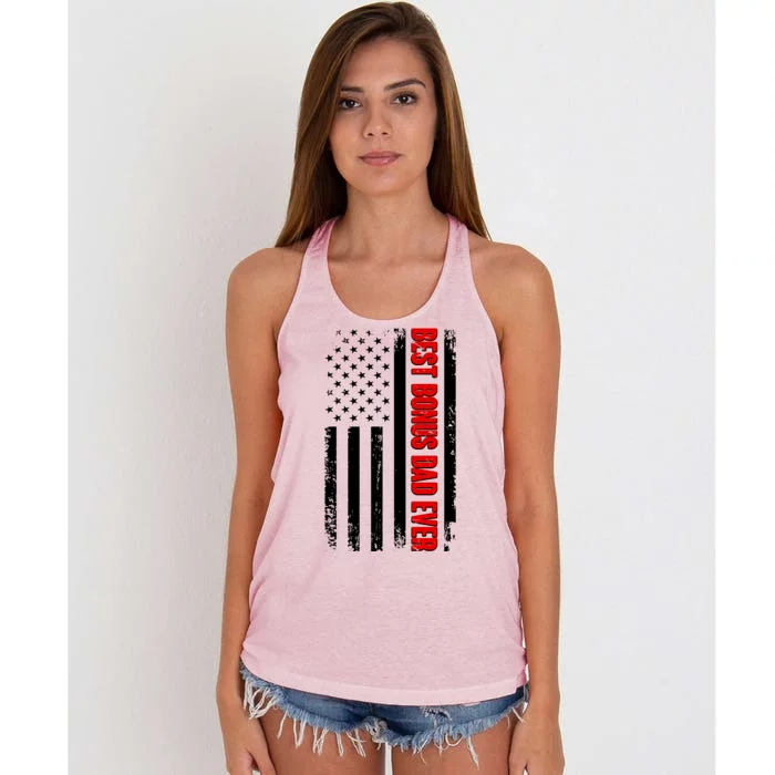 Best Bonus Dad Ever Distressed US Flag Women's Knotted Racerback Tank