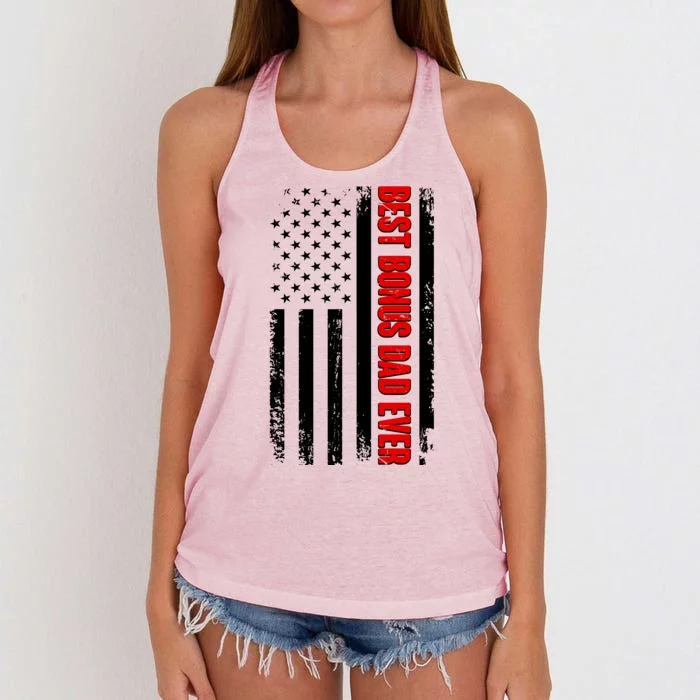 Best Bonus Dad Ever Distressed US Flag Women's Knotted Racerback Tank