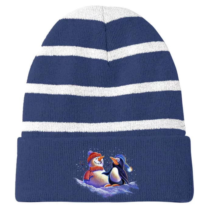 Best Friends Snowman and Penguin Striped Beanie with Solid Band