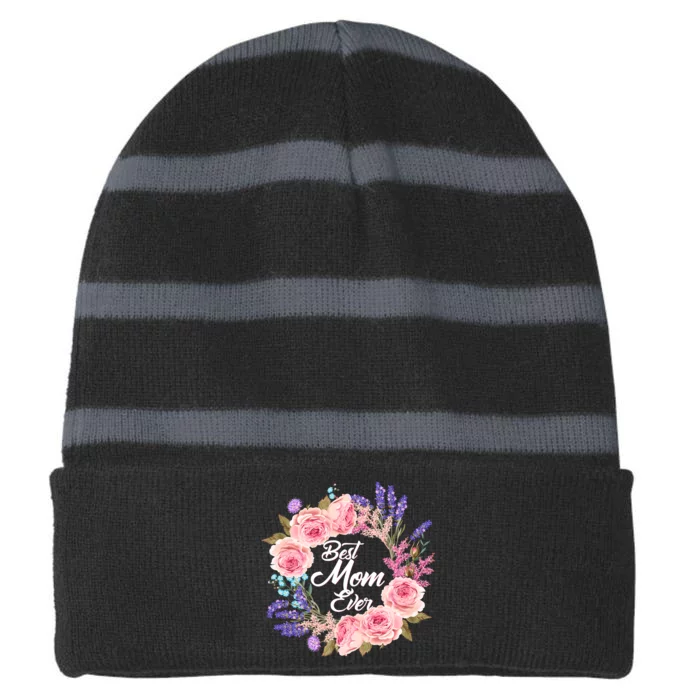 Best Mom Ever Flower Wreath Striped Beanie with Solid Band