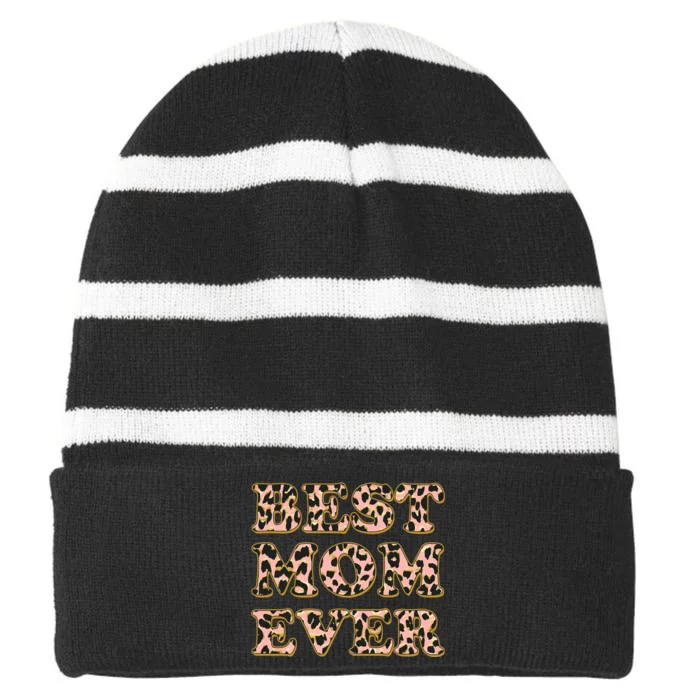 Best Mom Ever Stylish Leopard Print Striped Beanie with Solid Band