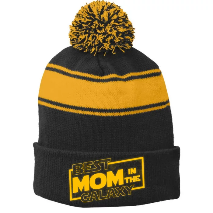 Best Mom In The Galaxy Parody Movie Logo Stripe Pom Pom Beanie