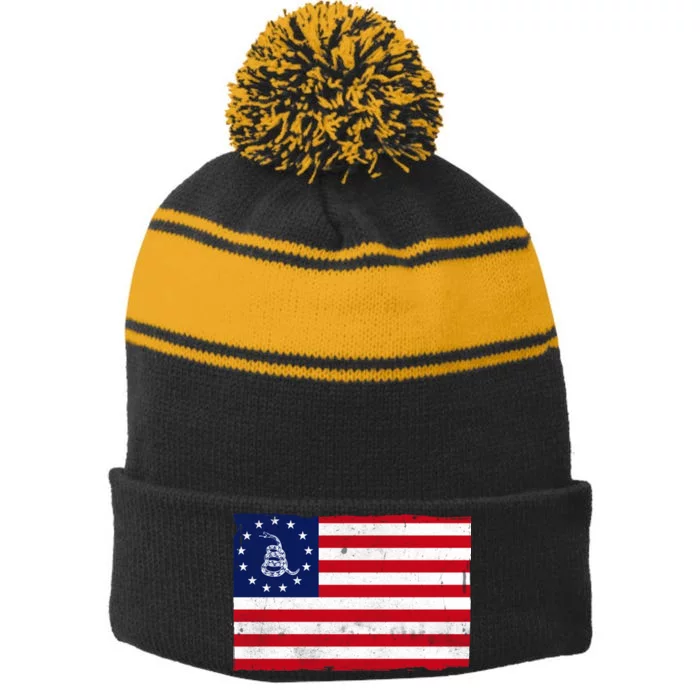 Betsy Ross Don't Tread On Me Flag Stripe Pom Pom Beanie