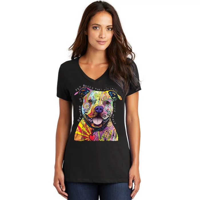 Beware of Pit Bulls - Dog - Dean Russo Women's V-Neck T-Shirt