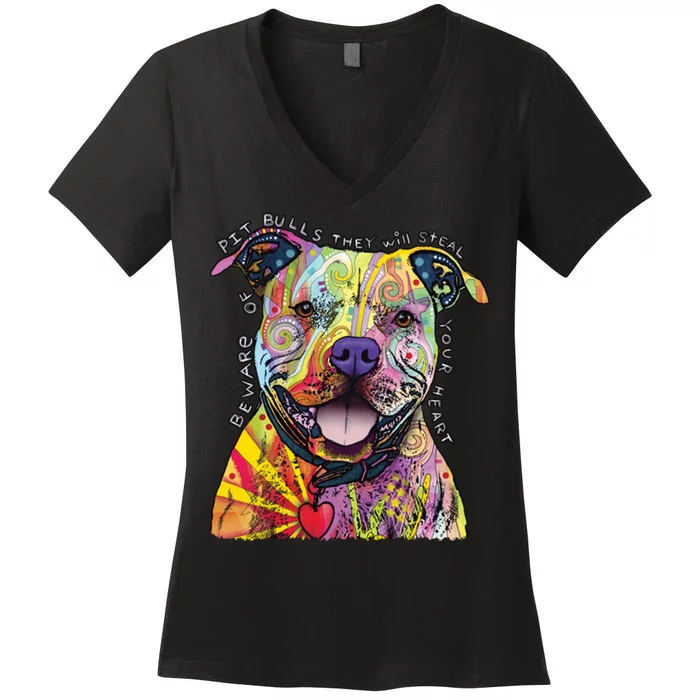 Beware of Pit Bulls - Dog - Dean Russo Women's V-Neck T-Shirt