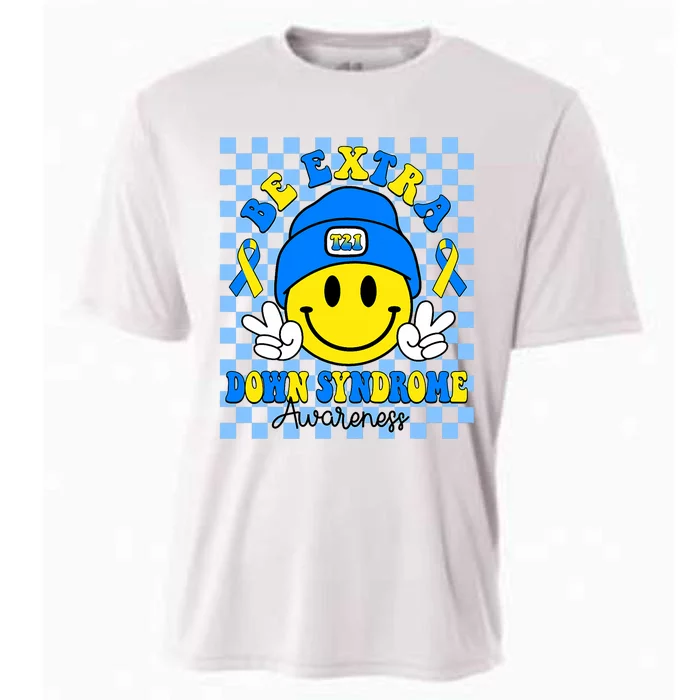 Be Extra Yellow And Blue Smile Face Down Syndrome Awareness Cooling Performance Crew T-Shirt