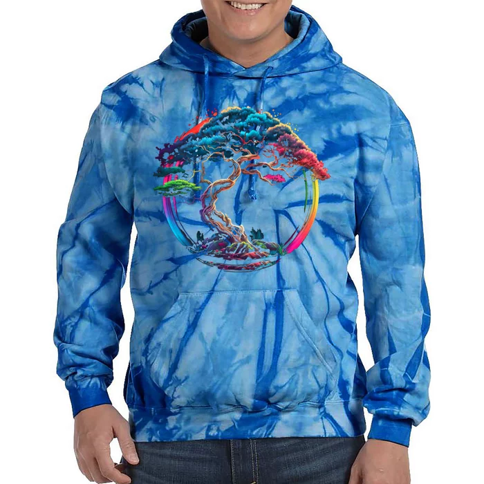 Bonsai Enso Zen Circle Tree Japan Spirituality Rainbow Gift Tie Dye Hoodie