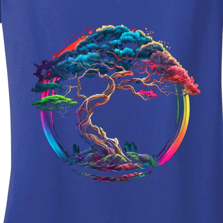 Bonsai Enso Zen Circle Tree Japan Spirituality Rainbow Gift Women's V-Neck T-Shirt