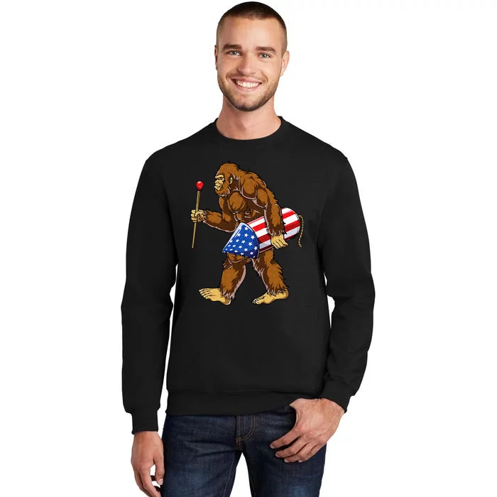 Bigfoot Fireworks 4th of July Sasquatch American Flag US Tall Sweatshirt