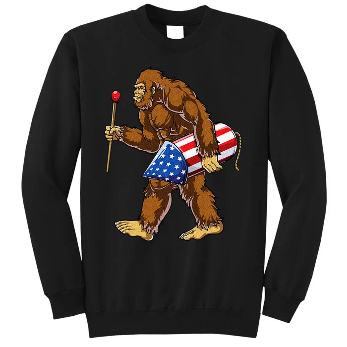 Bigfoot Fireworks 4th of July Sasquatch American Flag US Tall Sweatshirt