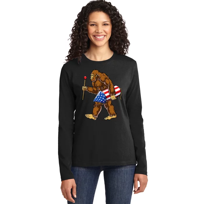 Bigfoot Fireworks 4th of July Sasquatch American Flag US Ladies Long Sleeve Shirt