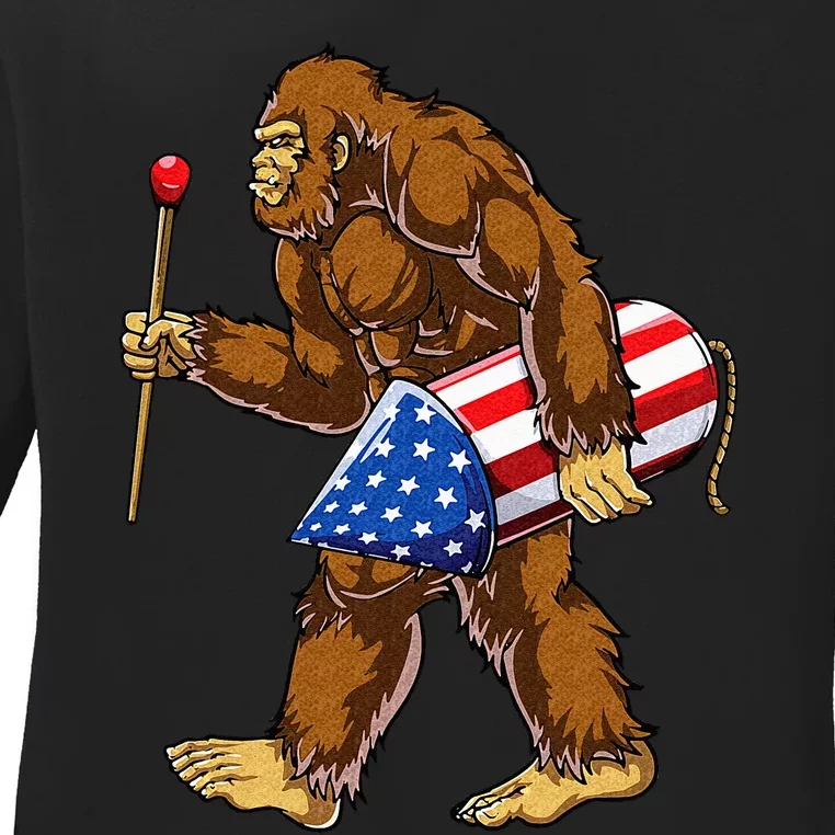 Bigfoot Fireworks 4th of July Sasquatch American Flag US Ladies Long Sleeve Shirt