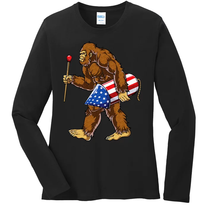 Bigfoot Fireworks 4th of July Sasquatch American Flag US Ladies Long Sleeve Shirt