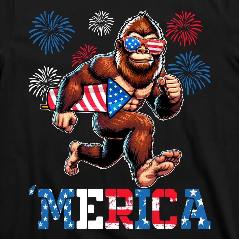 Bigfoot Fireworks 4th Of July Men Sasquatch American Flag T-Shirt