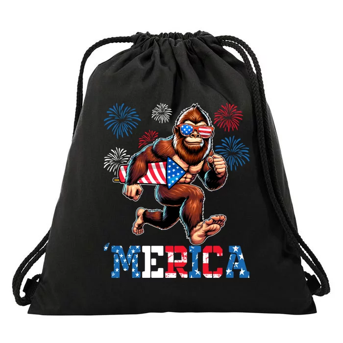 Bigfoot Fireworks 4th Of July Men Sasquatch American Flag Drawstring Bag