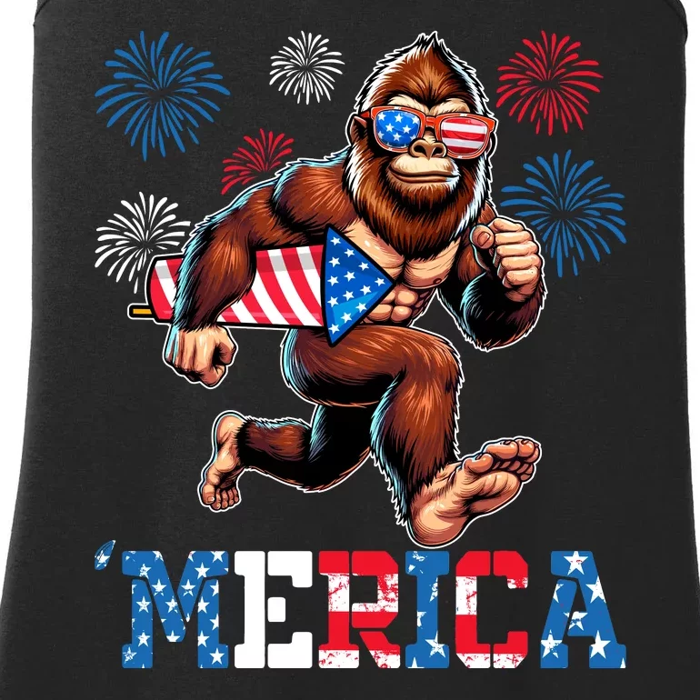 Bigfoot Fireworks 4th Of July Men Sasquatch American Flag Ladies Essential Tank