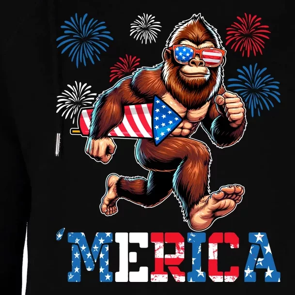 Bigfoot Fireworks 4th Of July Men Sasquatch American Flag Womens Funnel Neck Pullover Hood