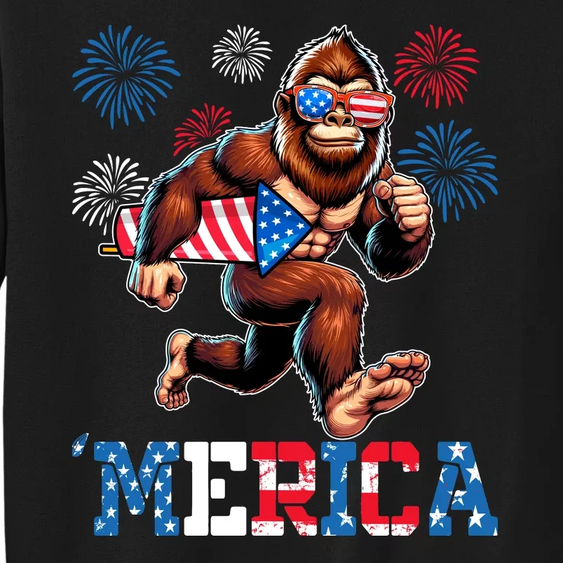 Bigfoot Fireworks 4th Of July Men Sasquatch American Flag Tall Sweatshirt