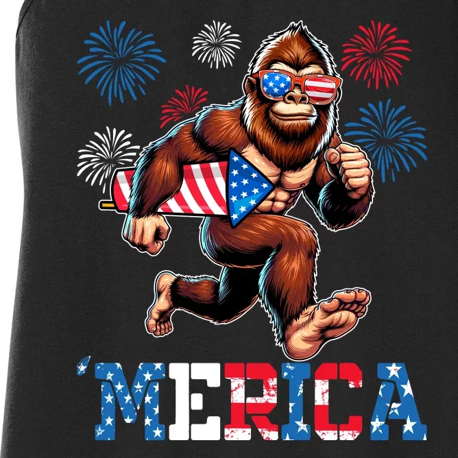 Bigfoot Fireworks 4th Of July Men Sasquatch American Flag Women's Racerback Tank