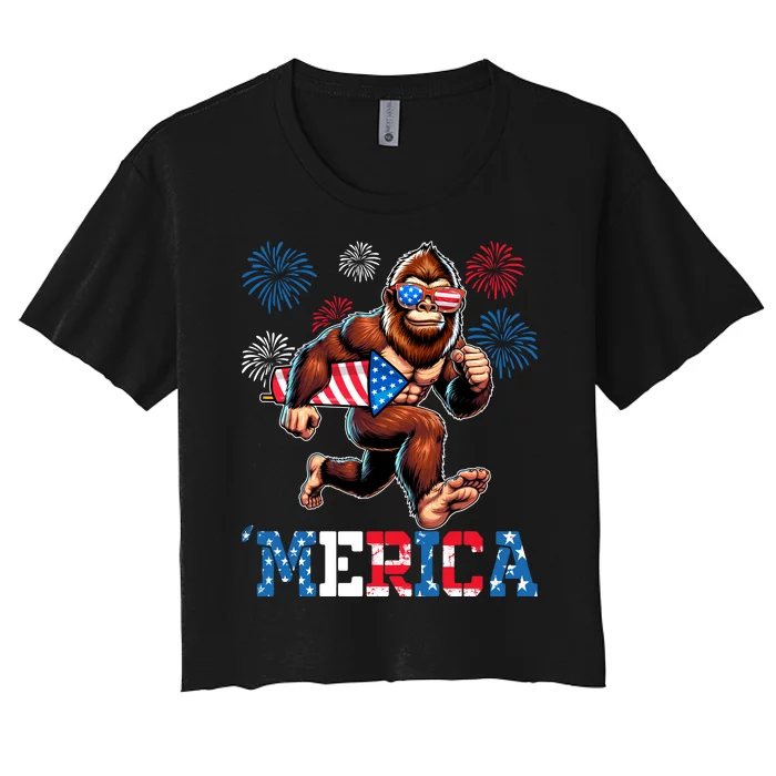 Bigfoot Fireworks 4th Of July Men Sasquatch American Flag Women's Crop Top Tee