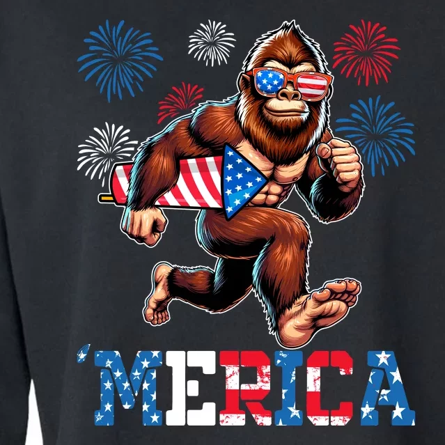 Bigfoot Fireworks 4th Of July Men Sasquatch American Flag Cropped Pullover Crew