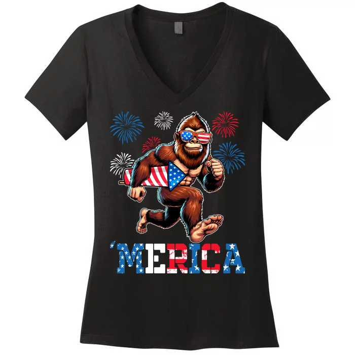 Bigfoot Fireworks 4th Of July Men Sasquatch American Flag Women's V-Neck T-Shirt