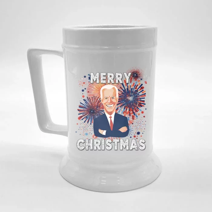 Biden Funny 4th Of July Merry Christmas Graphic Cool Gift Front & Back Beer Stein