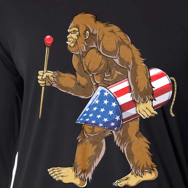 Bigfoot Fireworks 4th Of July Sasquatch American Flag Us Cooling Performance Long Sleeve Crew