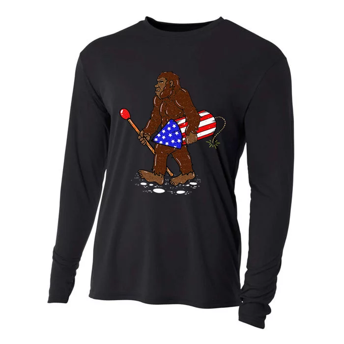 Bigfoot Fireworks 4th Of July Funny Men Sasquatch Lover Cooling Performance Long Sleeve Crew