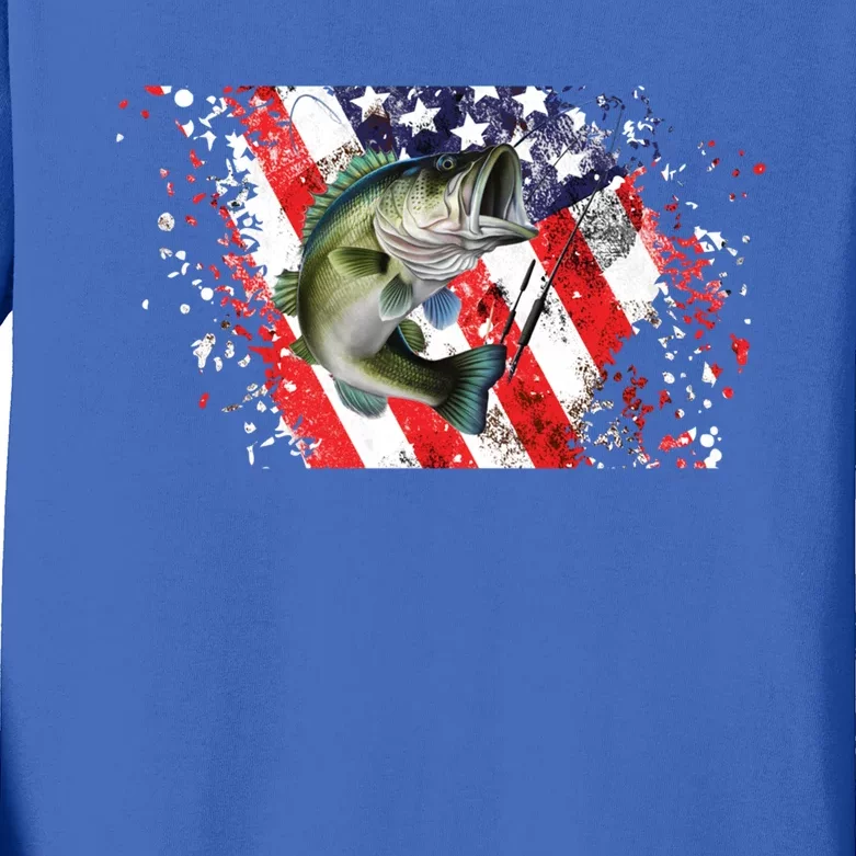 Bass Fishing American Flag 4th Of July Design For Fisher Cute Gift Kids Long Sleeve Shirt