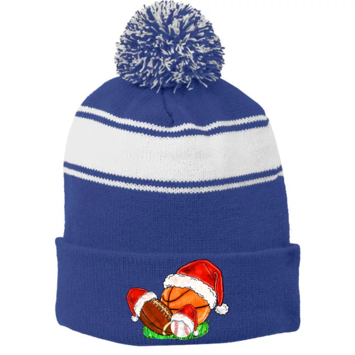 Baseball Football And Basketball With Santa Hats Xmas Funny Gift Stripe Pom Pom Beanie