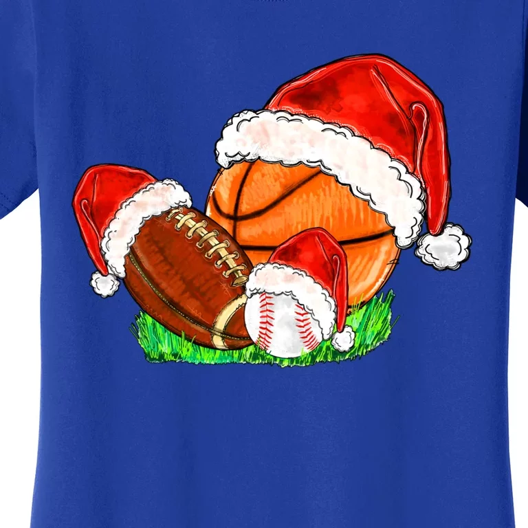 Baseball Football And Basketball With Santa Hats Xmas Funny Gift Women's T-Shirt