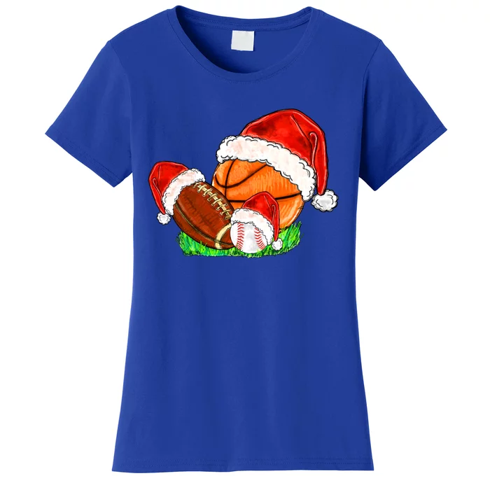 Baseball Football And Basketball With Santa Hats Xmas Funny Gift Women's T-Shirt