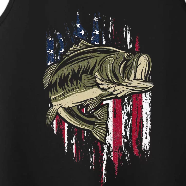 Bass Fishing American Flag 4th Of July Gift For Fisherman Performance Tank