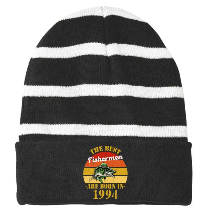 Best Fisherman Are Born In 1994 27 Birthday Fishing Striped Beanie with Solid Band