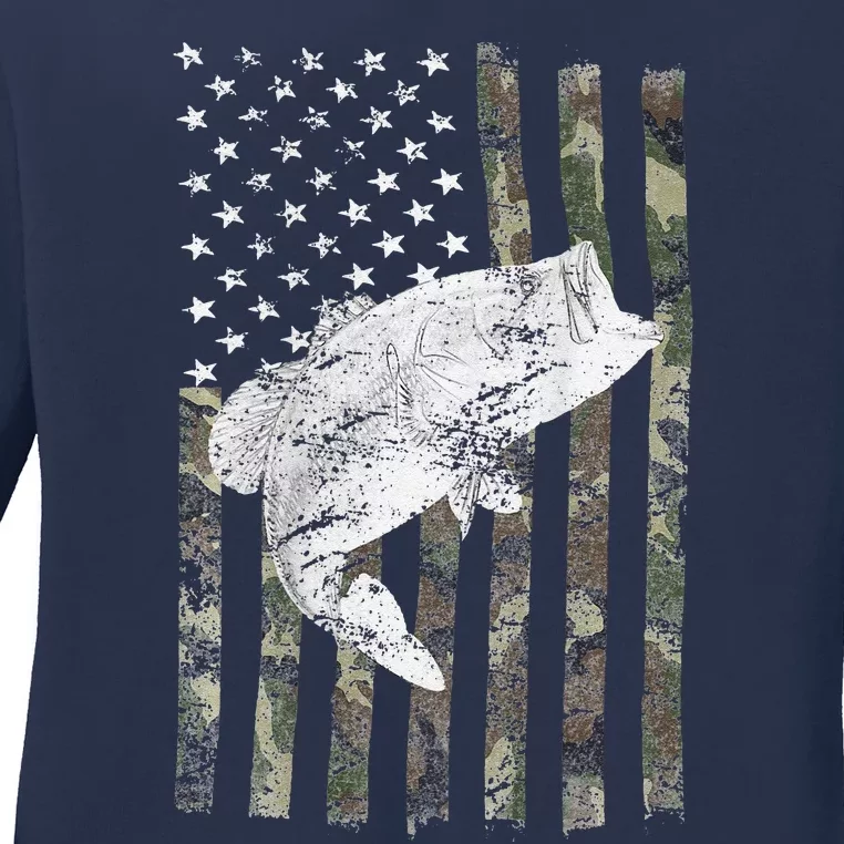 Bass Fishing American Camo USA Flag For Fisherman (On Back) Ladies Long Sleeve Shirt