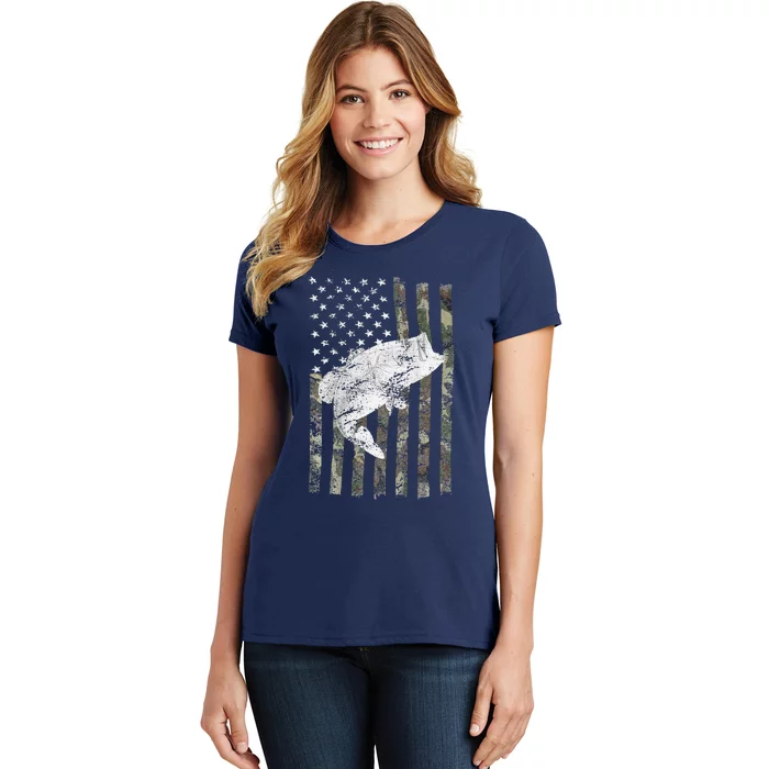 Bass Fishing American Camo USA Flag For Fisherman (On Back) Women's T-Shirt