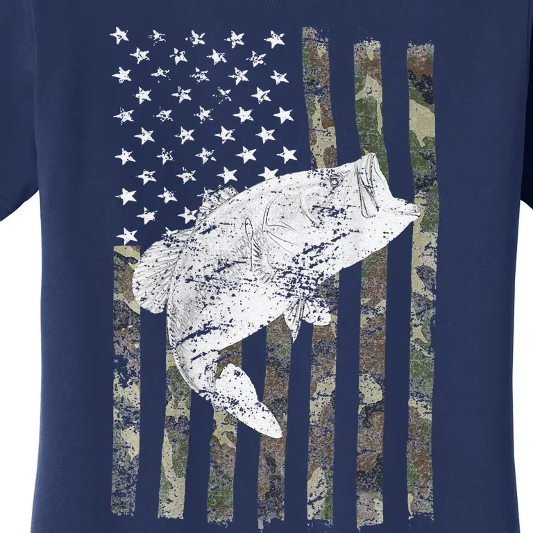 Bass Fishing American Camo USA Flag For Fisherman (On Back) Women's T-Shirt