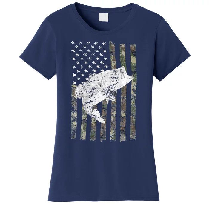 Bass Fishing American Camo USA Flag For Fisherman (On Back) Women's T-Shirt