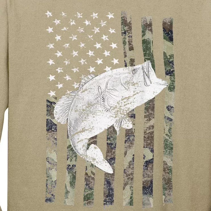 Bass Fishing American Camo USA Flag For Fisherman (On Back) Tall Long Sleeve T-Shirt