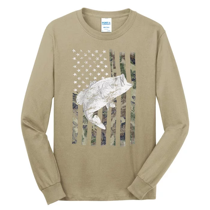 Bass Fishing American Camo USA Flag For Fisherman (On Back) Tall Long Sleeve T-Shirt