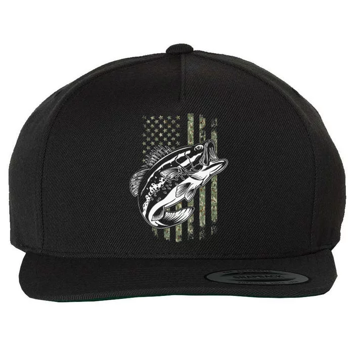 Bass Fishing American Camo USA Flag For Fisherman Wool Snapback Cap