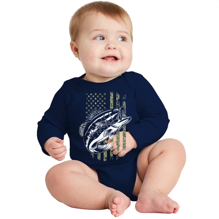 Bass Fishing American Camo USA Flag For Fisherman Baby Long Sleeve Bodysuit