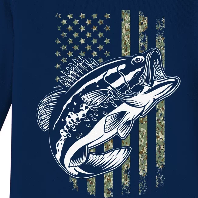 Bass Fishing American Camo USA Flag For Fisherman Baby Long Sleeve Bodysuit